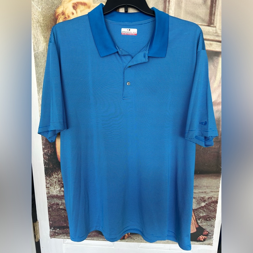 Men’s Grand Slam athletic fit golf shirt. Blue w/ white stripes. Size XXL. EUC!